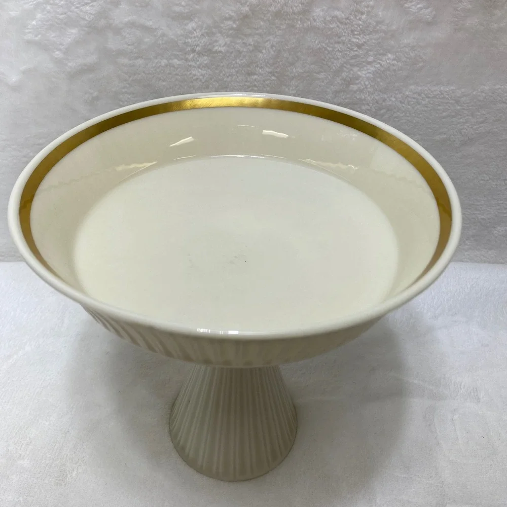 Lenox Ivory Groove Pedestal Compote Dish 24K Gold Rim‎ Candy Nut Bowl
